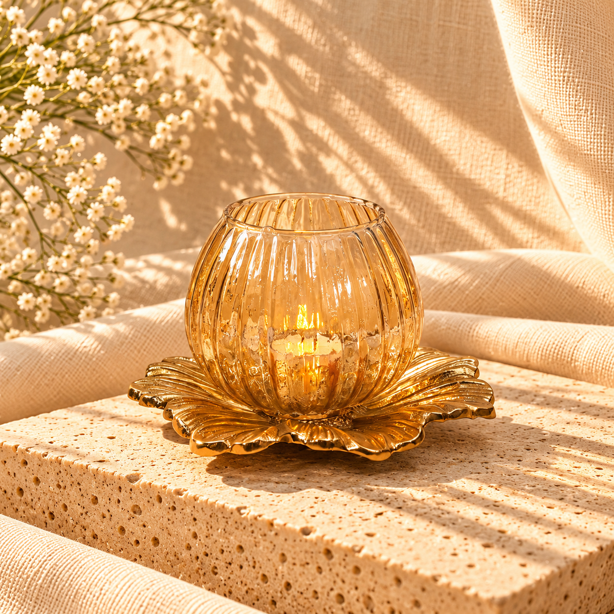 Glass Lamp with Metal Flower Platter