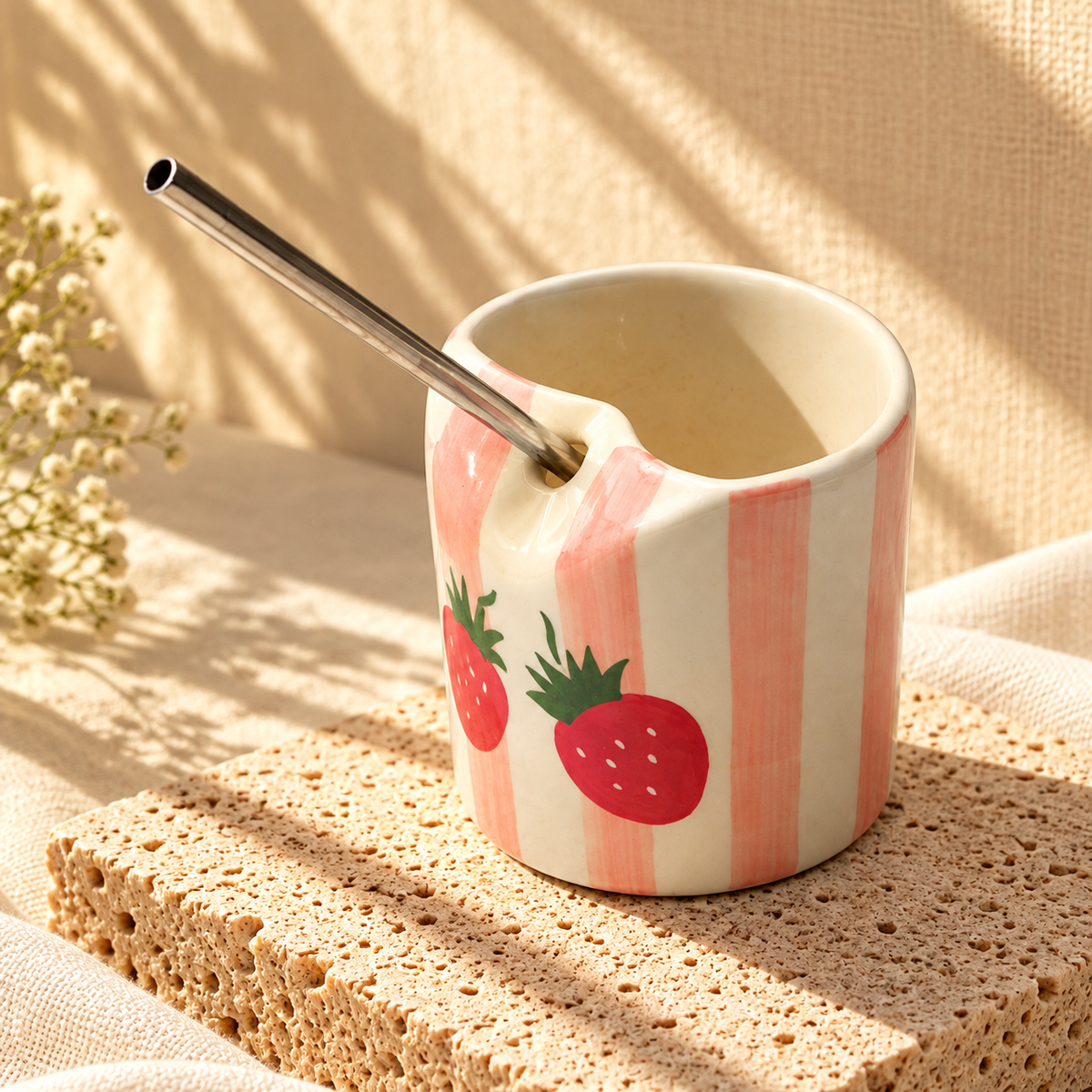 Stripe Strawberry Ceramic Glass without Straw