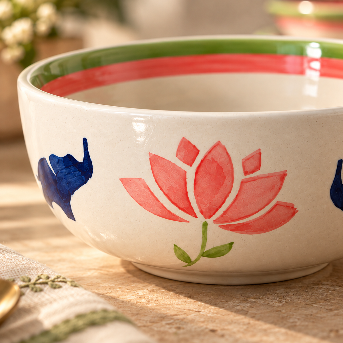 Lucky Lotus Handpainted Ceramic Bowl - Large