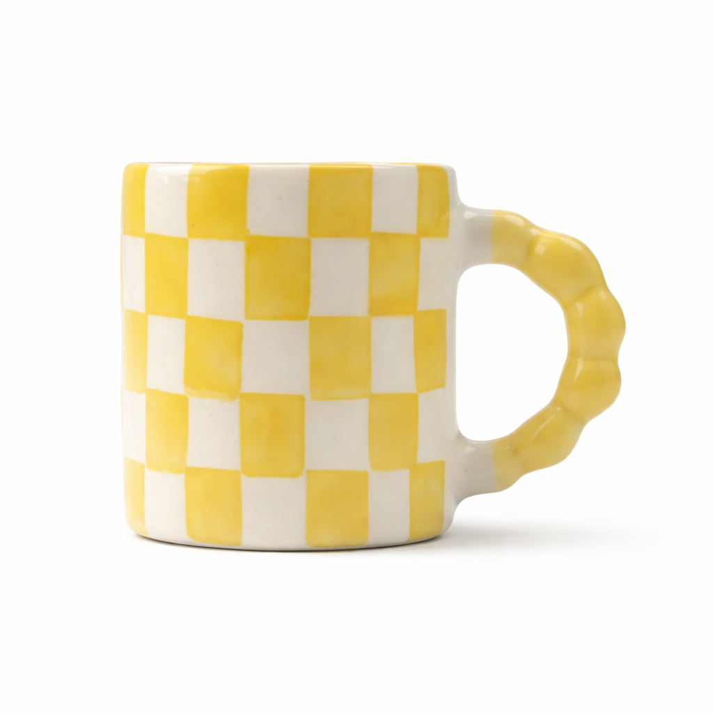 Ghingham Checkerboard Print- Yellow Mug