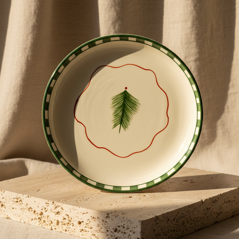Decorative plate with green rim and leaf design on a white background