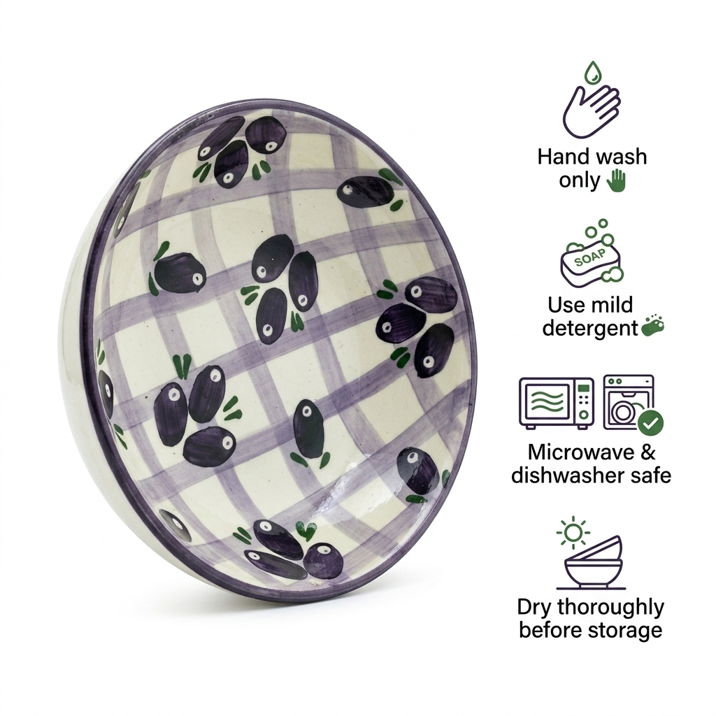 Ceramic plate with olive design on a white background, featuring care instructions.