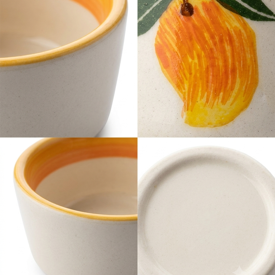A four-panel collage showing a ceramic cup or small bowl: close-up of the interior with a yellow-orange rim, side view with the same rim, the exterior decorated with a painted orange and green leaves motif, and the plain white base from above.