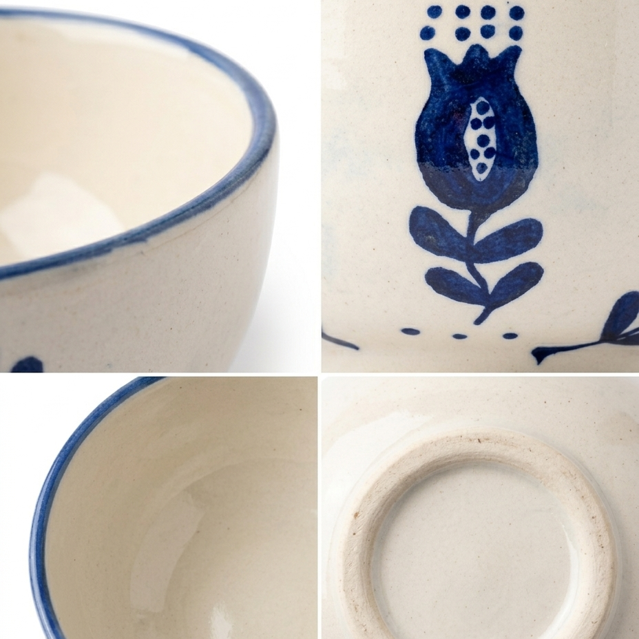 A four-panel close-up collage of a ceramic bowl, showing the interior rim with blue glaze, a blue floral decoration on the exterior, the inside base, and the exterior base.