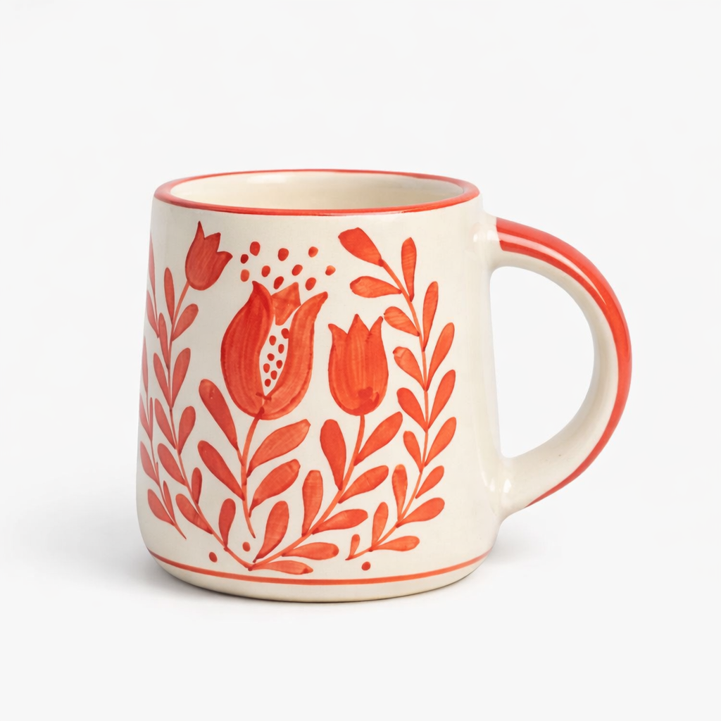 Anaar & Floral Folk Art Ceramic Mug (Red )