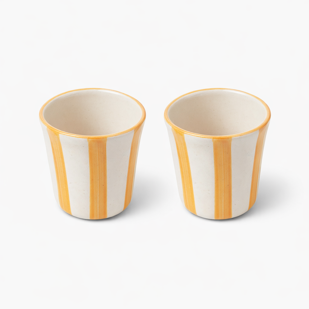 Ceramic Yellow Stripe Glass - 3 Inches (Set Of 2 )