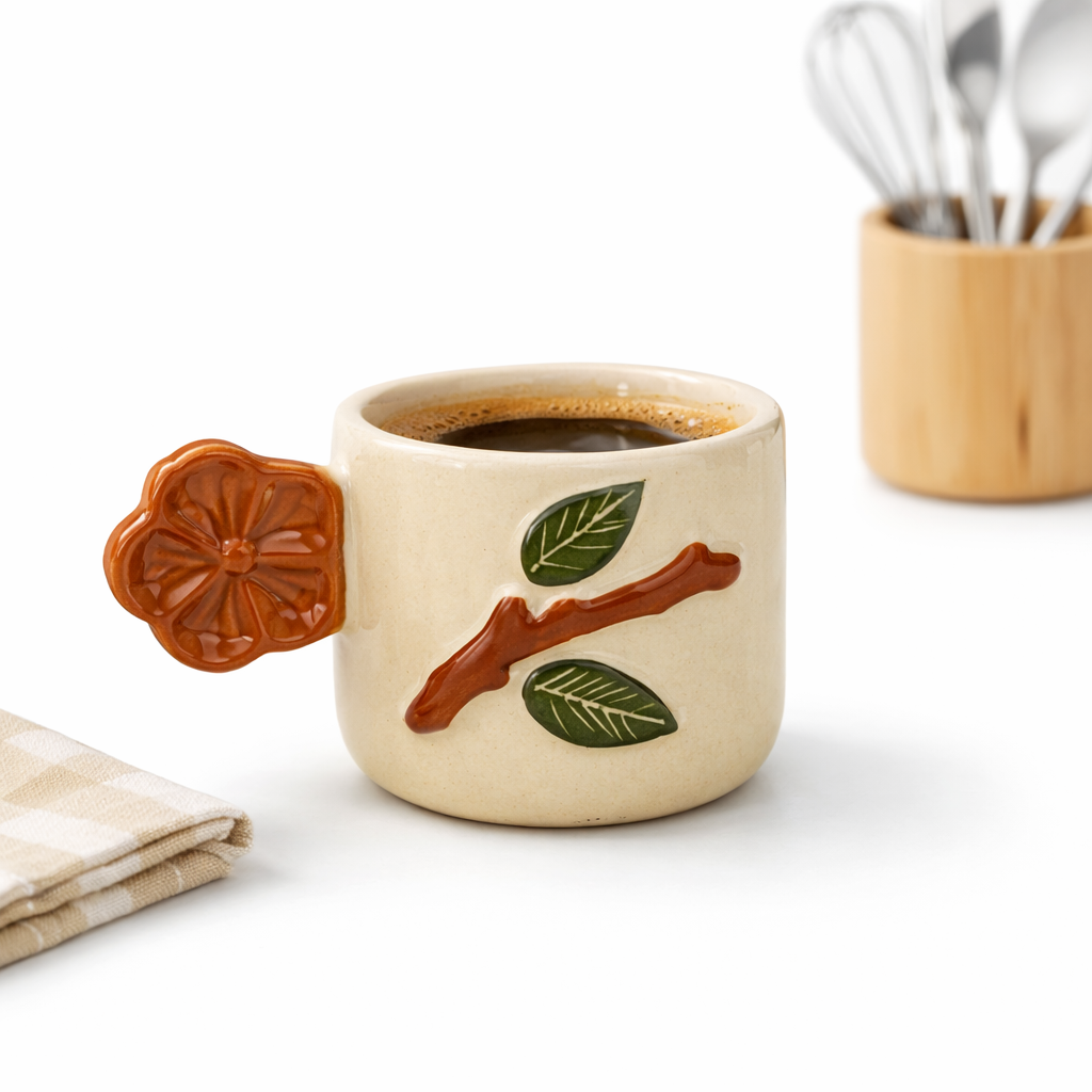 Floral Handle Espresso Mug - Brown