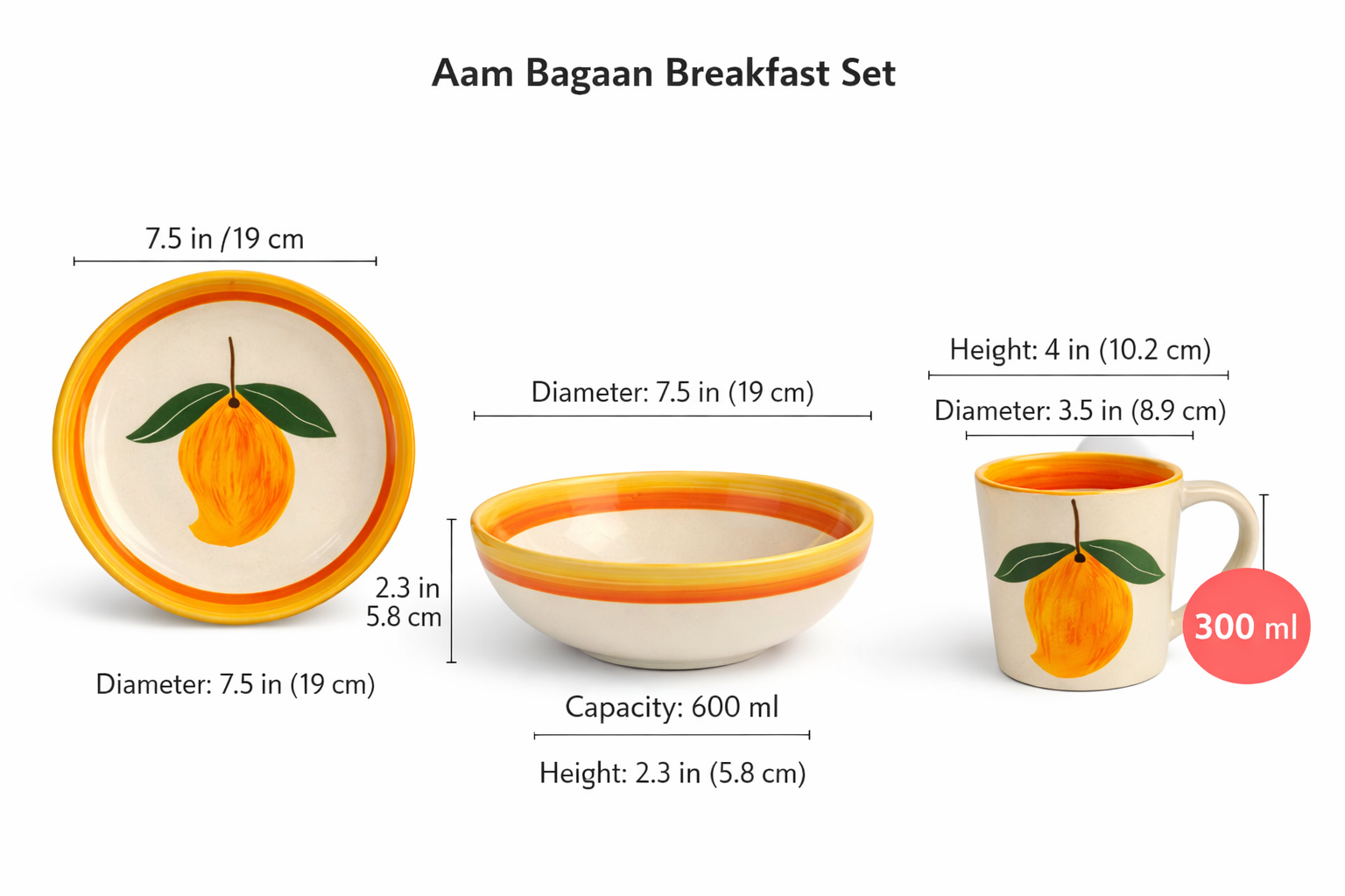 Aam Bagaan Handpainted Ceramic Breakfast Set of 3