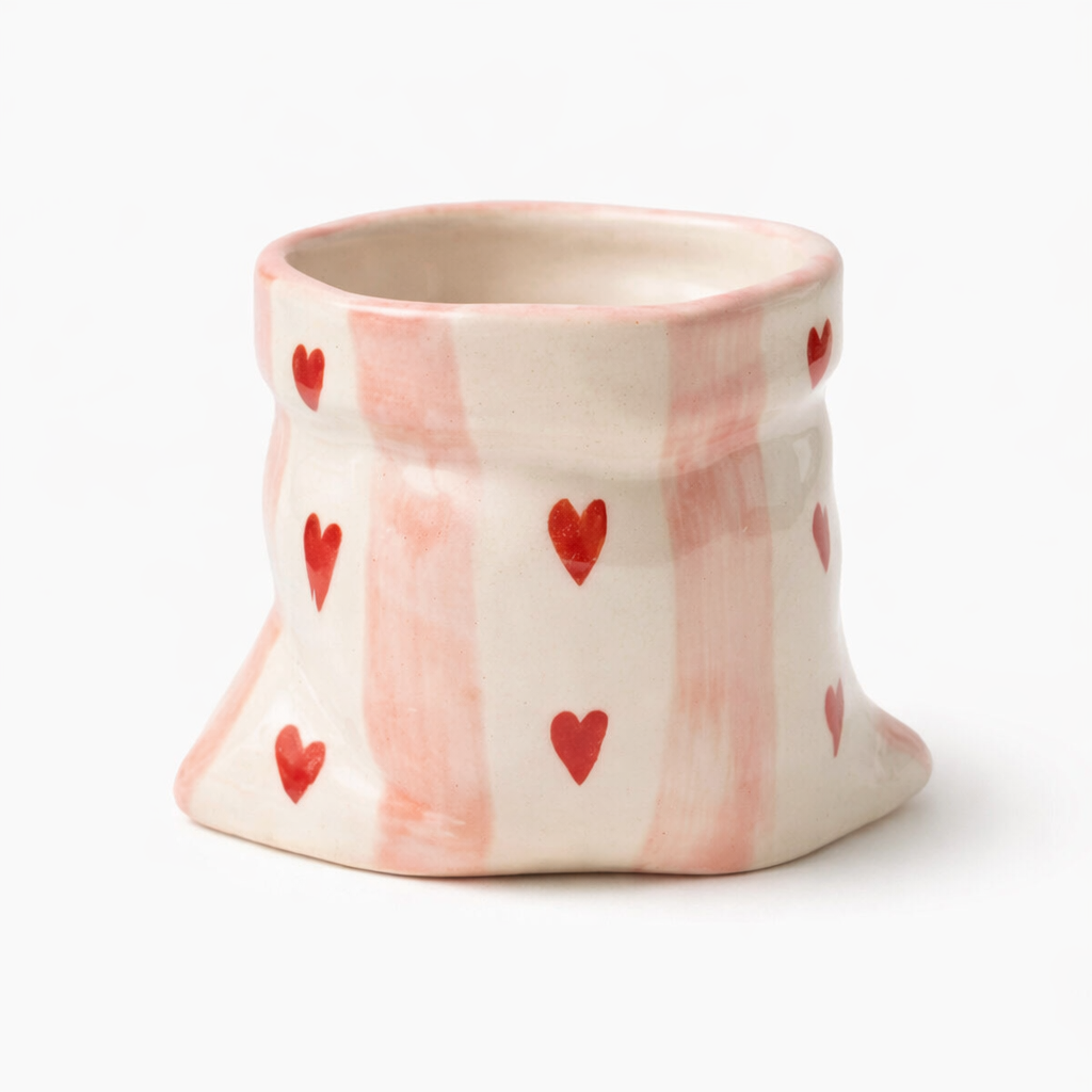 Pouch Shape White Ceramic Tumbler With Hearts (300 ml )