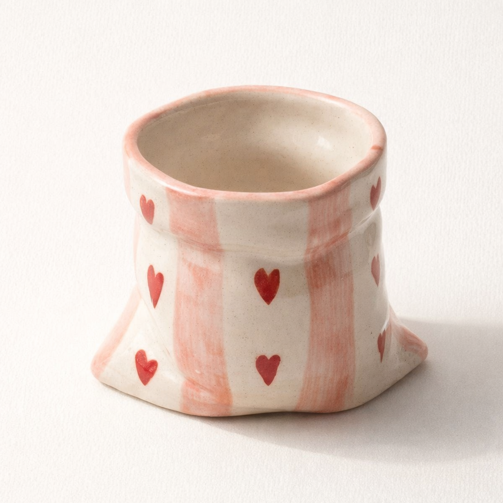Pouch Shape White Ceramic Tumbler With Hearts (300 ml )