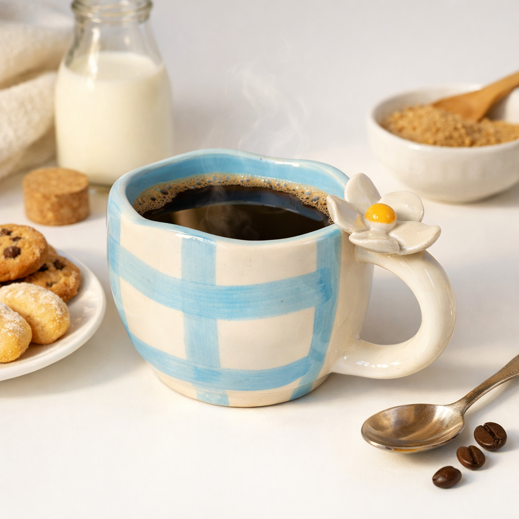 Sky Blue Ceramic Mug with 3D Flower Handle (220 ml )