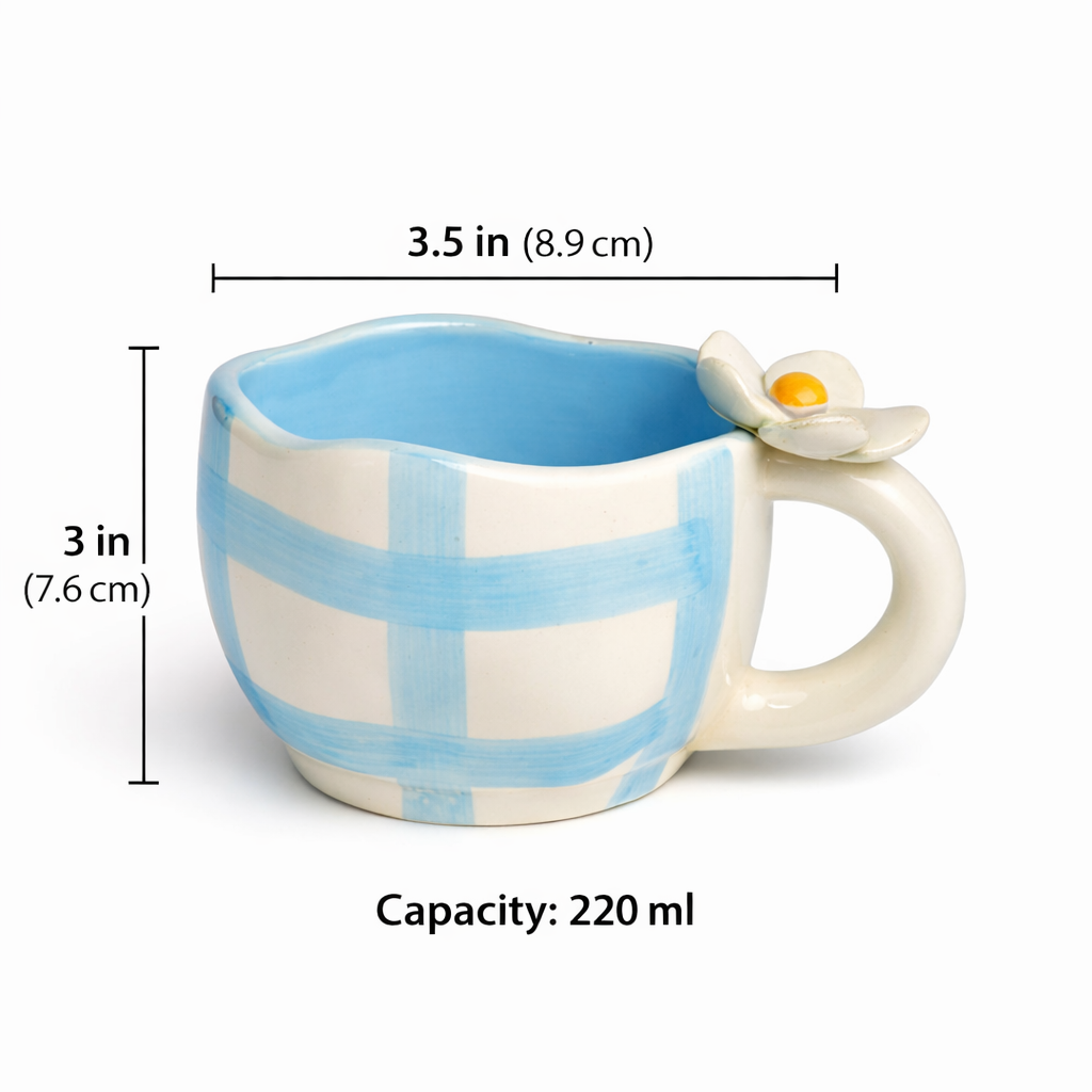 Sky Blue Ceramic Mug with 3D Flower Handle (220 ml )