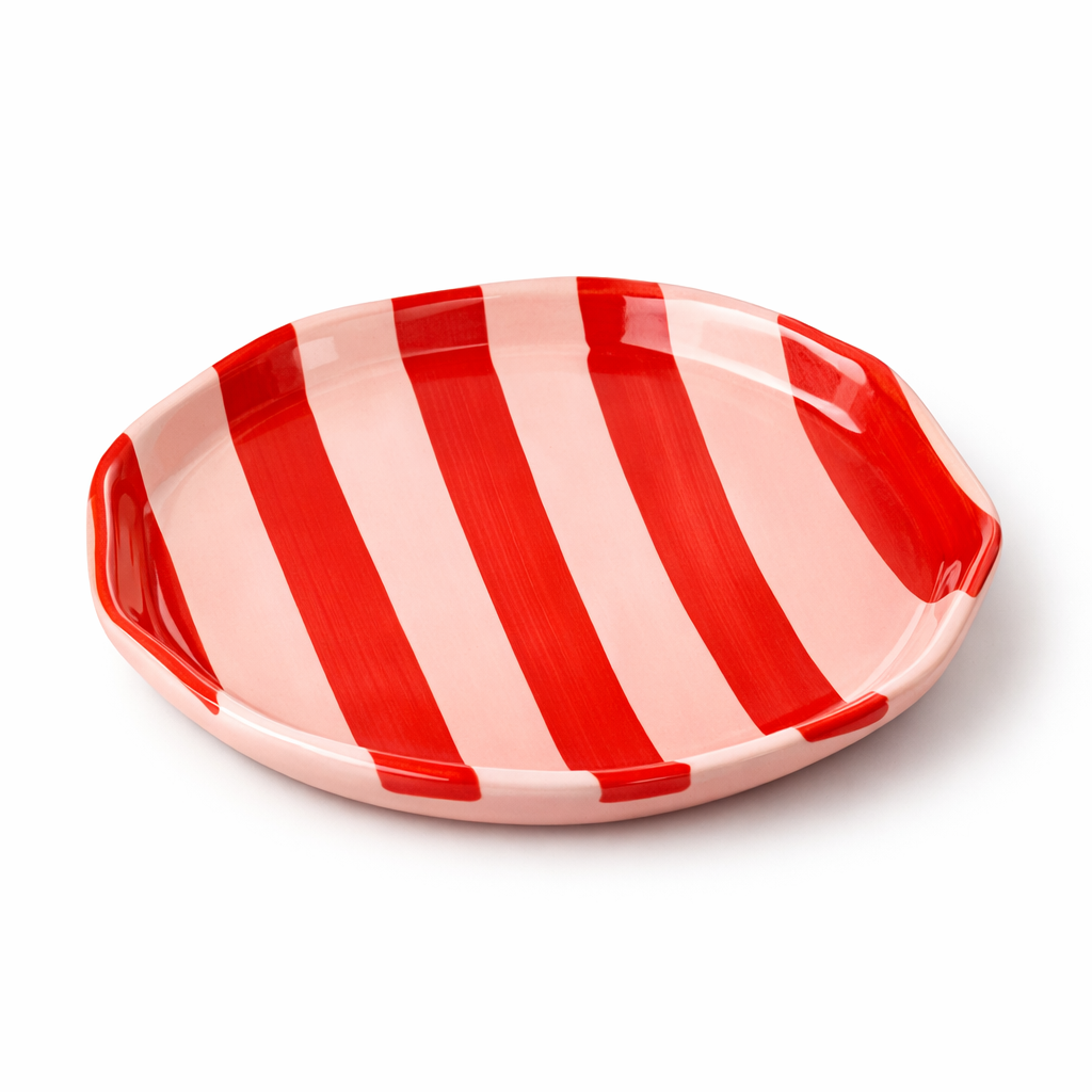 Handmade Ceramic Striped Side Plates - Red and Pink Glossy Glaze - Single