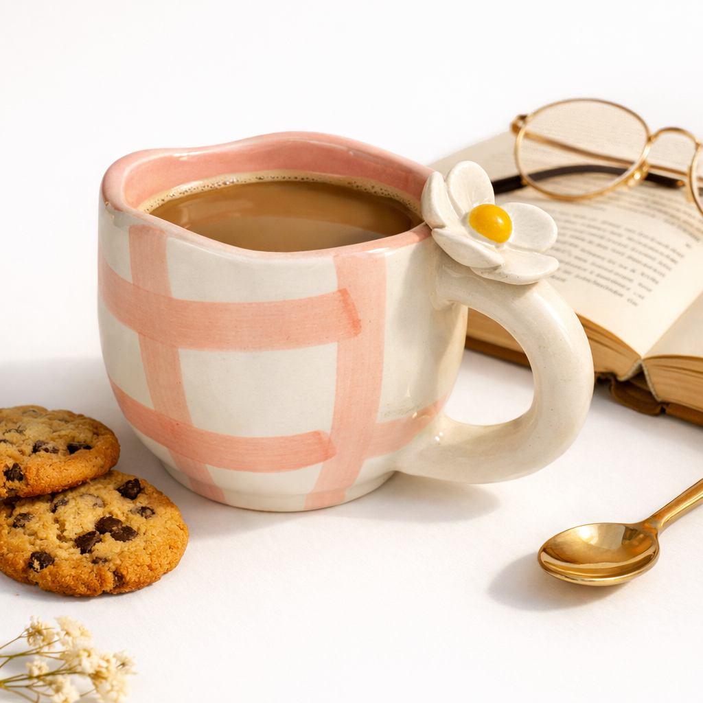 Handmade Pink Gingham Ceramic Mug with 3D Flower Handle (220 ml )