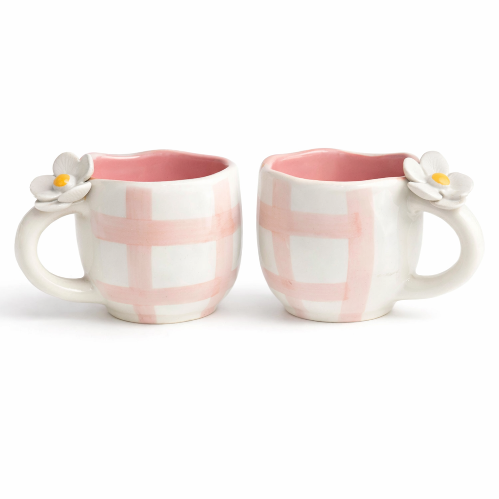 Handmade Pink Gingham Ceramic Mug with 3D Flower Handle (220 ml )