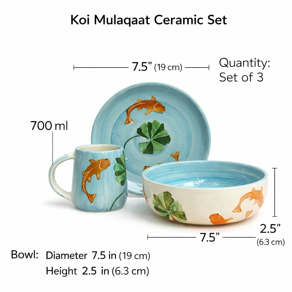 Koi Mulaqaat Fish Handpainted Ceramic Breakfast Set of 3 - Dispatches 20 June