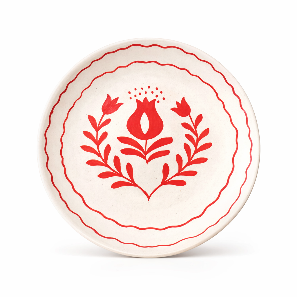 Red Anaar & Floral Folk Art Ceramic Plate (7inches)