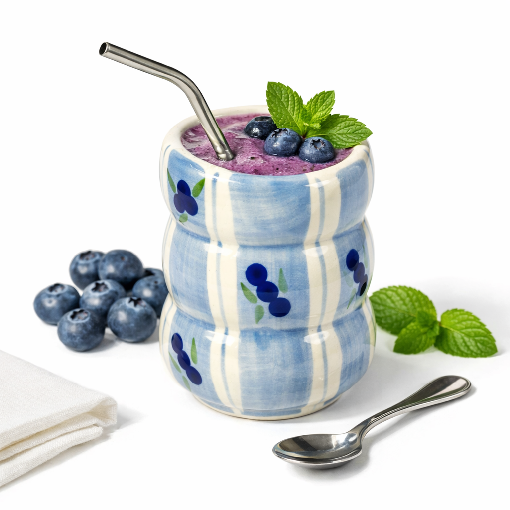 Blue Berry Ceramic Glass with Straw