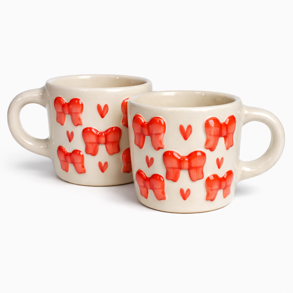 Handmade Ceramic Coffee Mug with 3D Textured Red Bows and Hearts