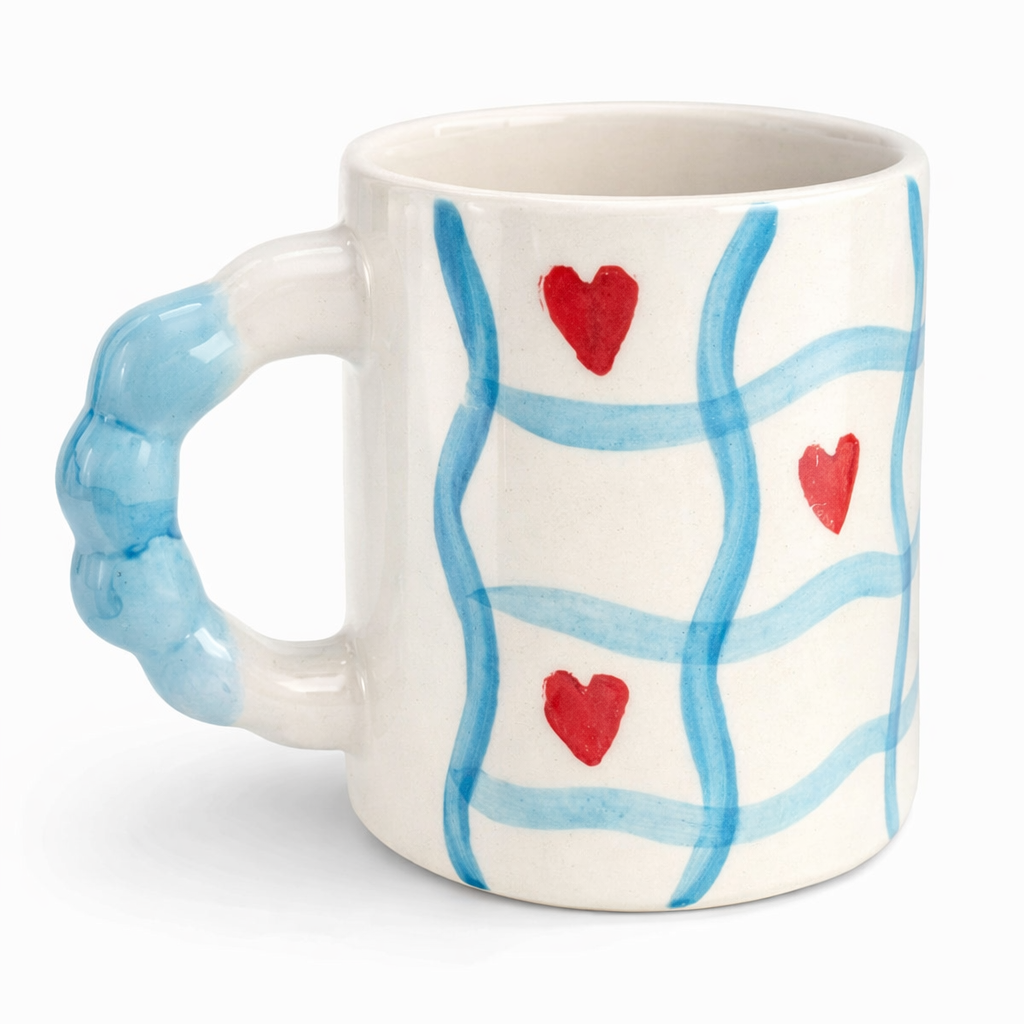 Heart Grid Handpainted Ceramic Mug – Sky Blue Handle