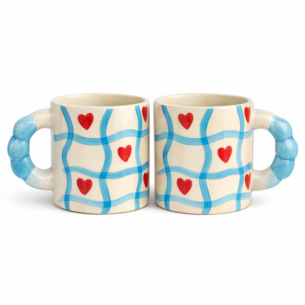 Heart Grid Handpainted Ceramic Mug – Sky Blue Handle