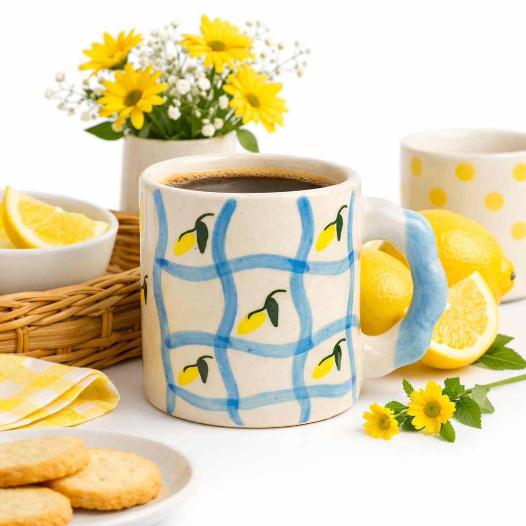 Lemon Grid Handpainted Ceramic Mug – Sky Blue Handle