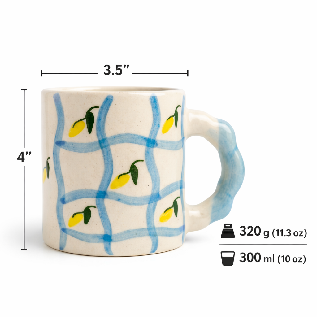 Lemon Grid Handpainted Ceramic Mug – Sky Blue Handle