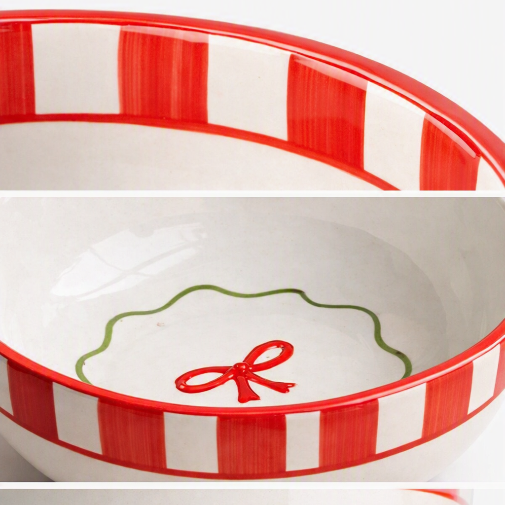 Candy Cane Bow Red Ceramic Bowl - Large