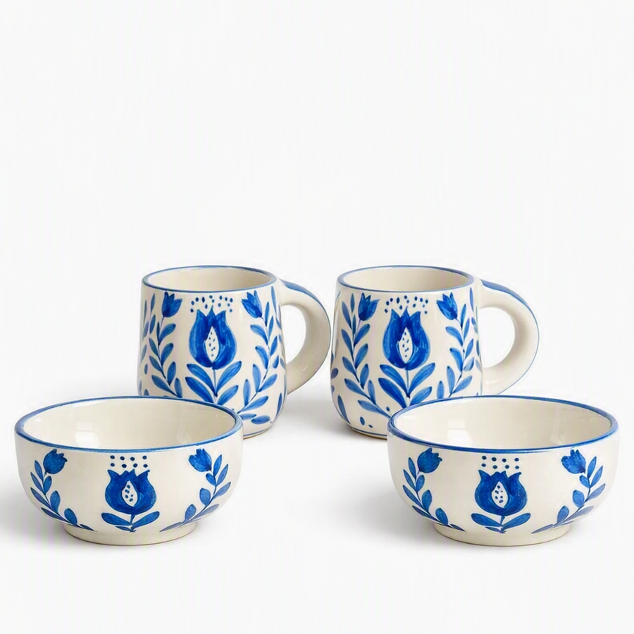 Blue Blossom Ceramic Mug & Bowl Set  of 4 - Hamper Set