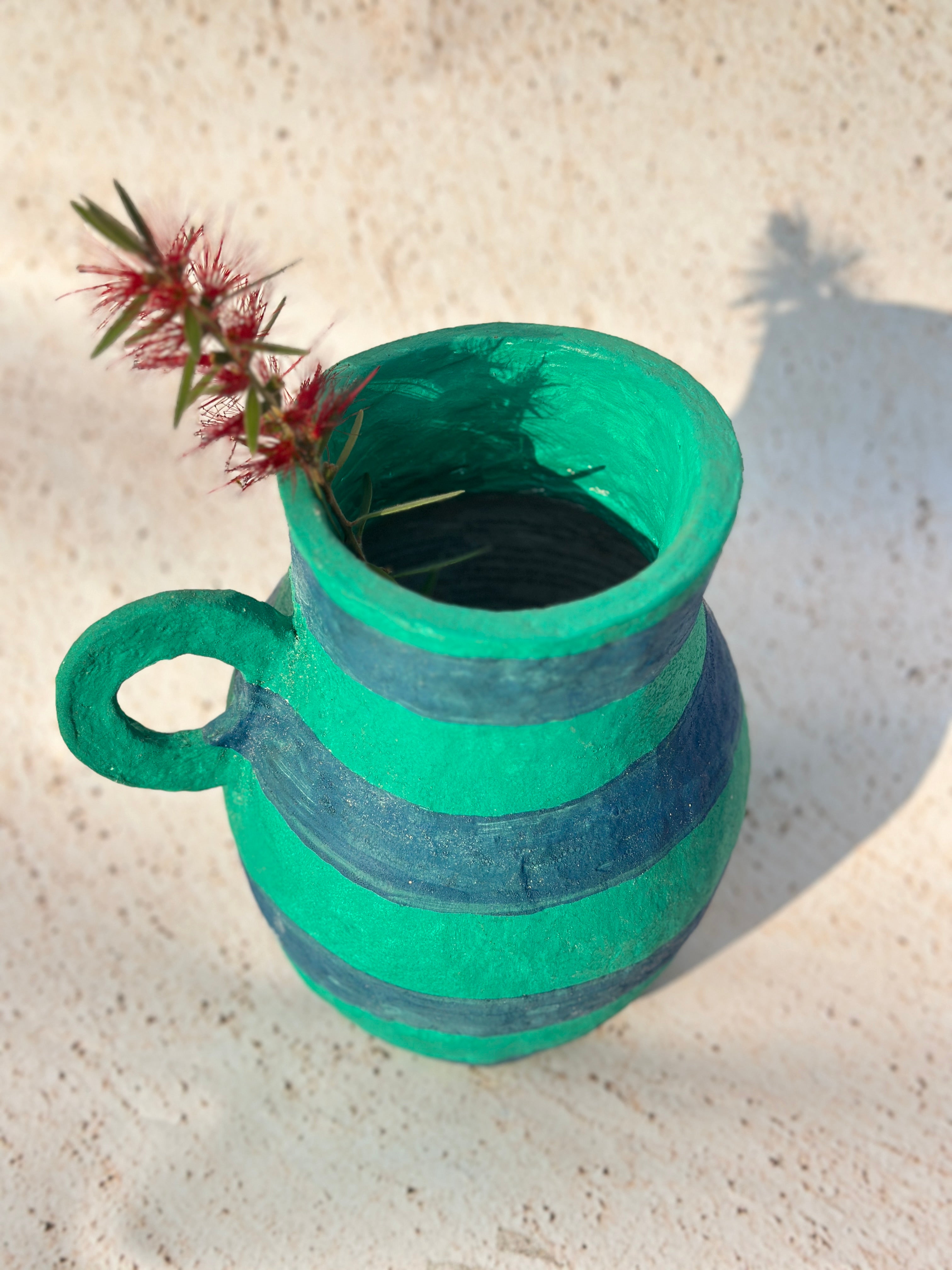 Stripe Electric Blue & Green Paper Mache Vase