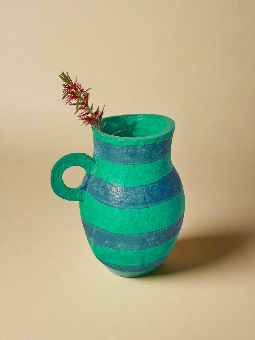 Stripe Electric Blue & Green Paper Mache Vase