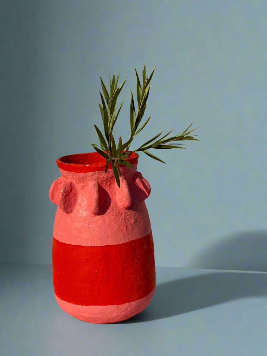 Stripe Red & Pink Paper Mache Vase