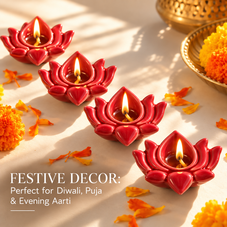 Red Lotus  Ceramic Diya's Set of 4