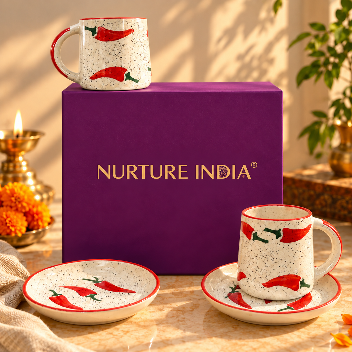 Set of 2 Mugs & 2 Tapas Plate - Gift Box (Purple)