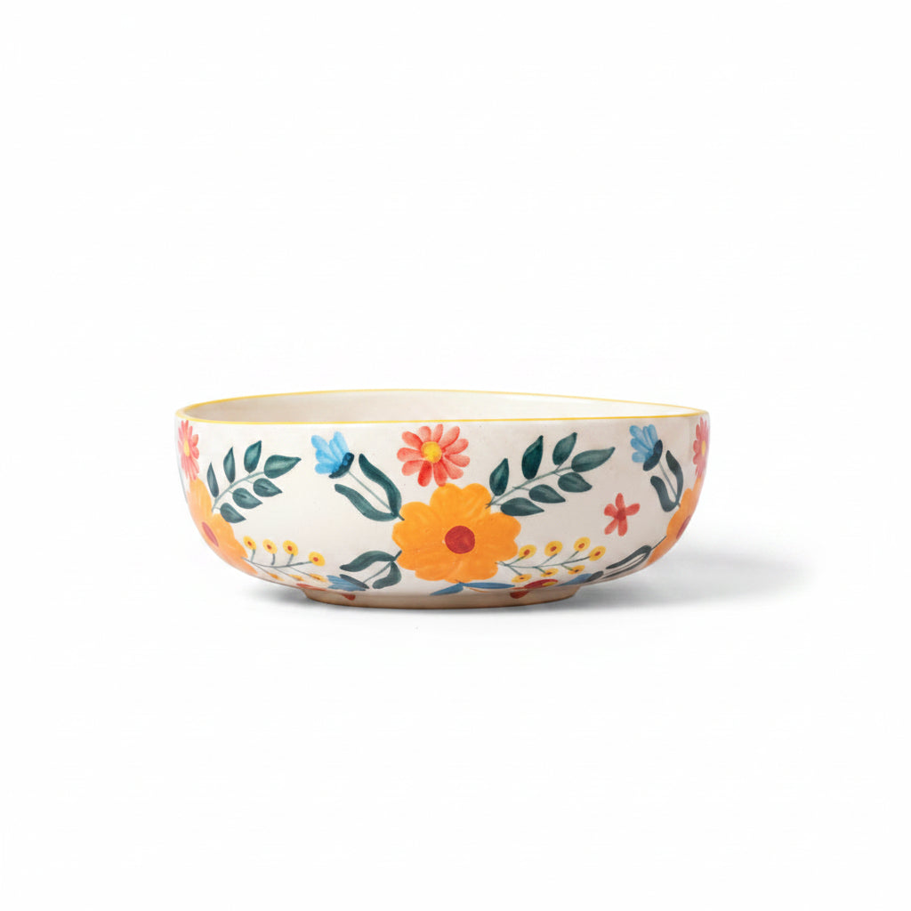 Decorative ceramic bowl with floral patterns on a beige background