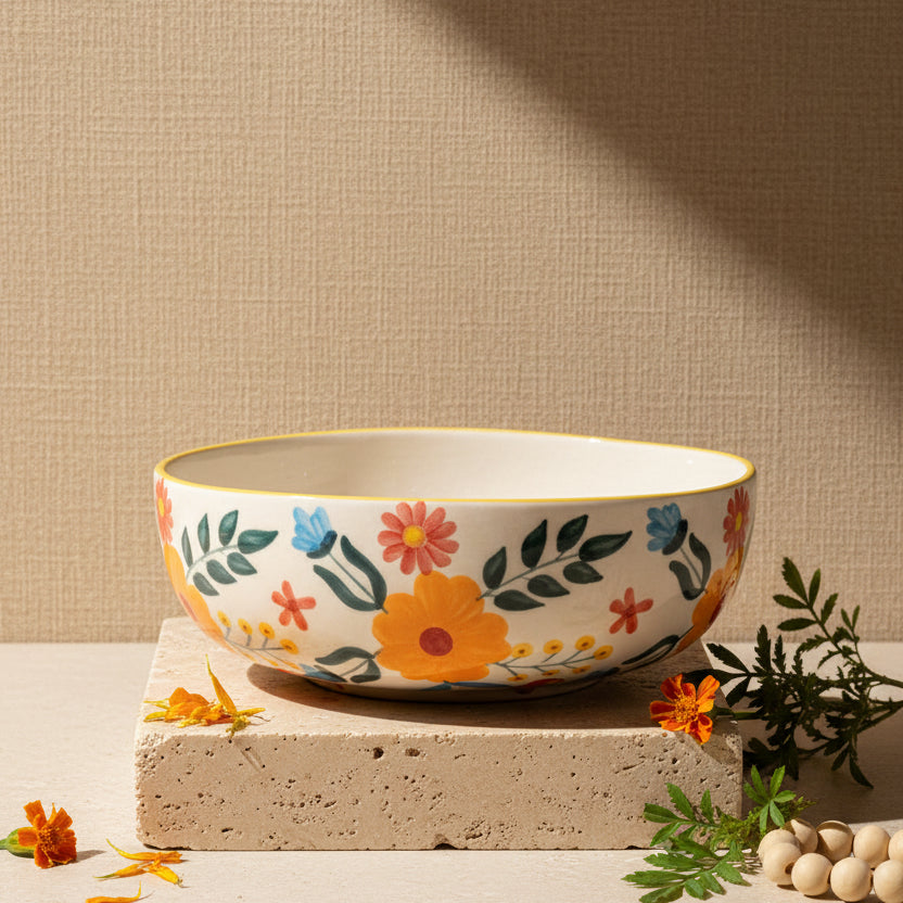 Decorative ceramic bowl with floral patterns on a beige background