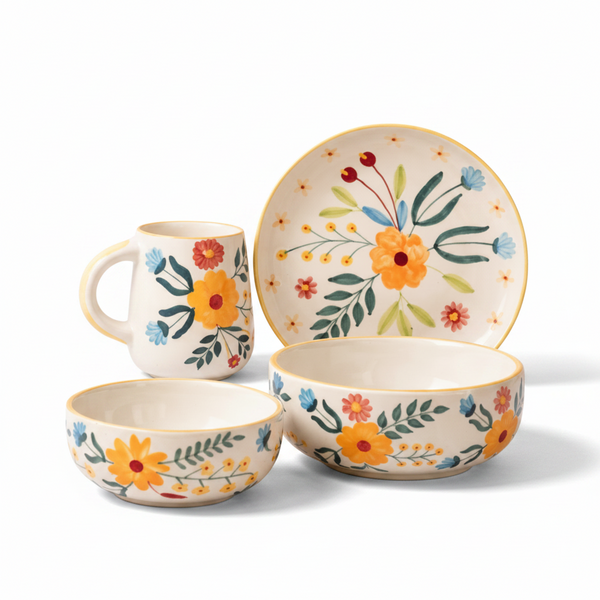 Floral Extravaganza Breakfast Set of 4 featuring a complete ceramic tableware kit with vibrant and elegant floral patterns.