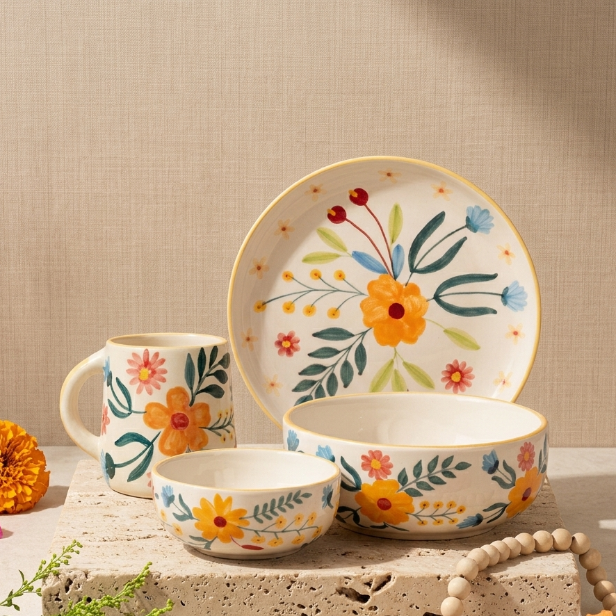 A coordinated ceramic tableware set with a plate, mug, and two bowls decorated with a colorful floral pattern on a warm cream background, styled on a stone surface against a beige textured backdrop.