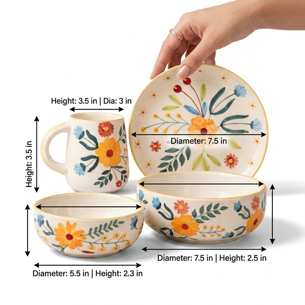 A set of four ceramic tableware pieces with a hand-painted floral design, including a mug, plate, bowl, and small dish, shown with dimension labels and a hand holding the plate.