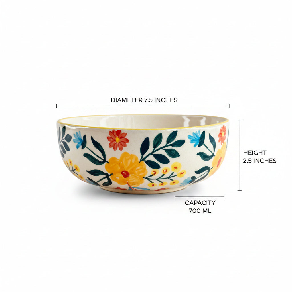 Decorative ceramic bowl with floral design and measurements on a white background