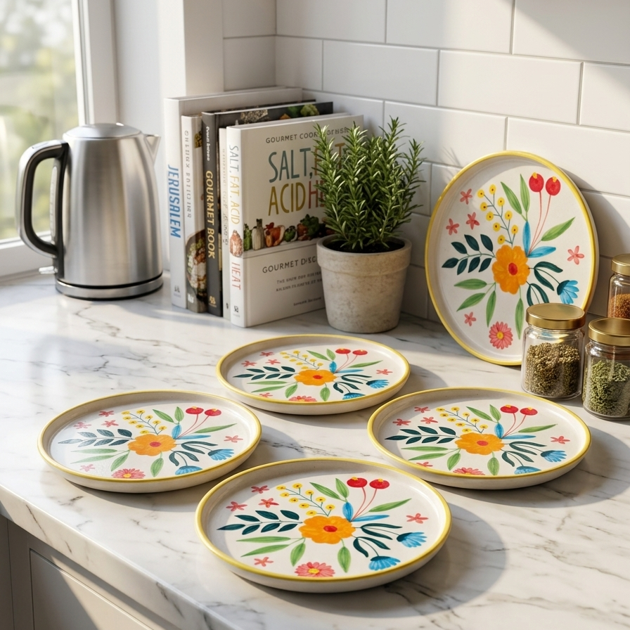 Set of decorative plates with floral designs on a kitchen counter.