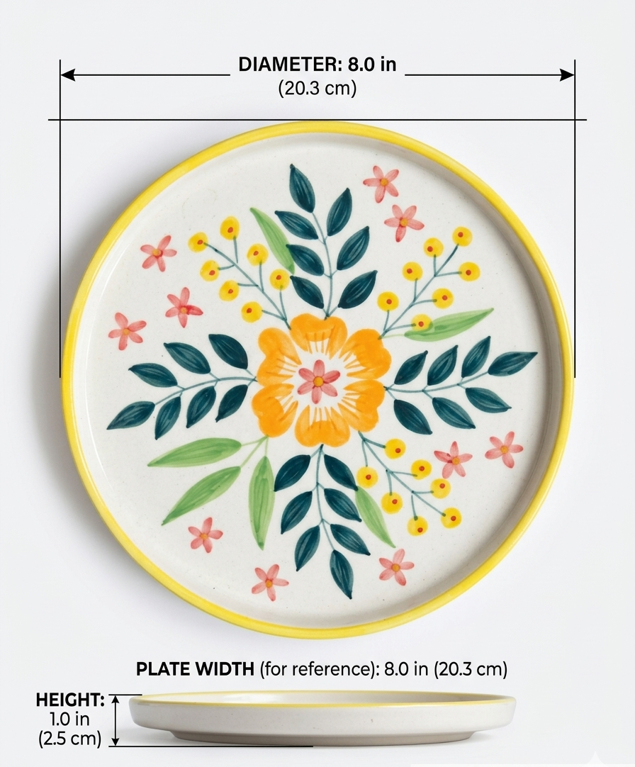 Ceramic plate with floral design and measurements on a white background