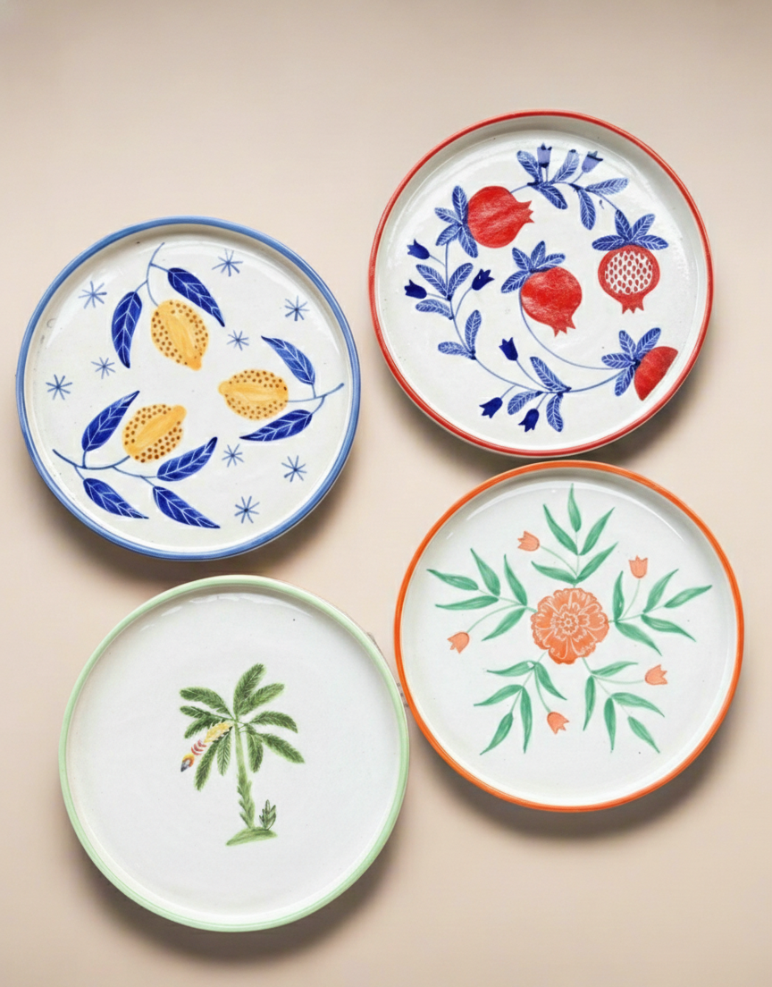 Multi Color Ceramic Snack Plate Combo (8 inches) - Set of 4