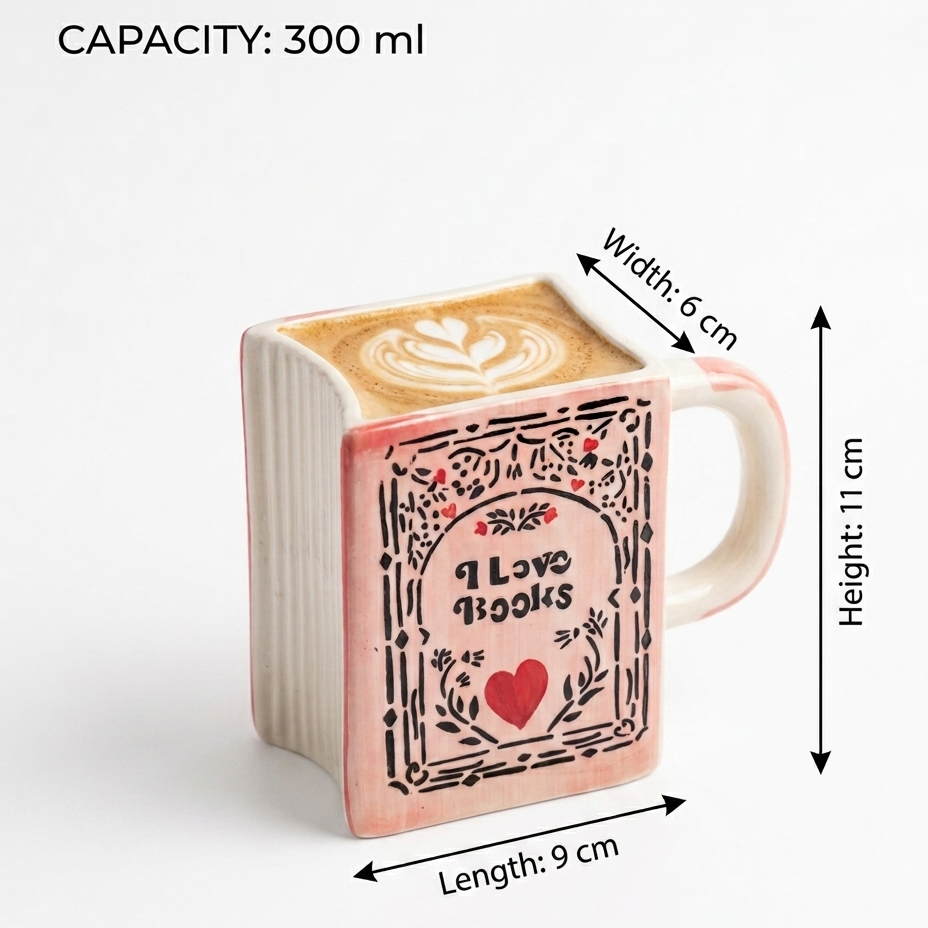 A ceramic mug shaped like a book, shown with dimension arrows and text indicating capacity, width, length, and height on a clean white background.