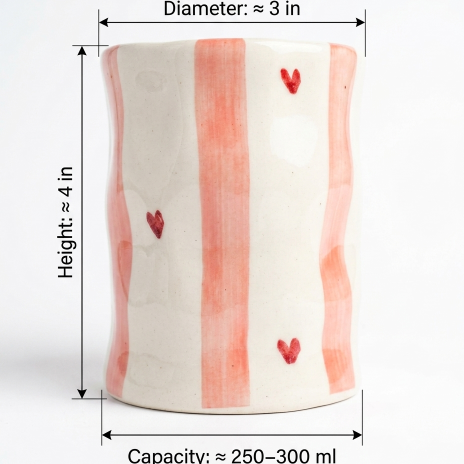 Handmade Pink Striped Ceramic Pinch Tumbler with Hearts