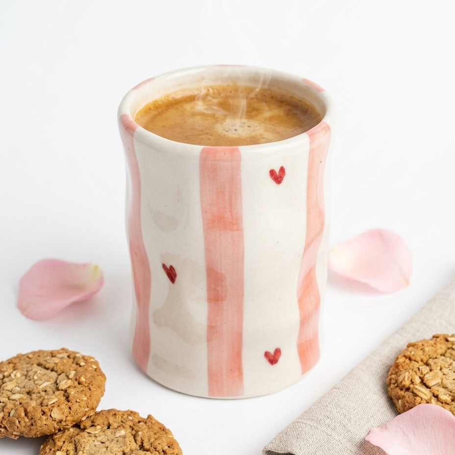 Handmade Pink Striped Ceramic Pinch Tumbler with Hearts