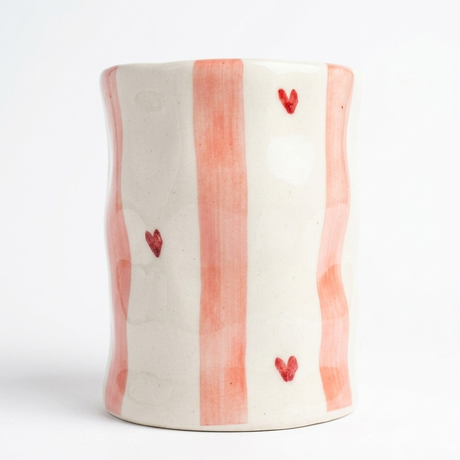 Handmade Pink Striped Ceramic Pinch Tumbler with Hearts