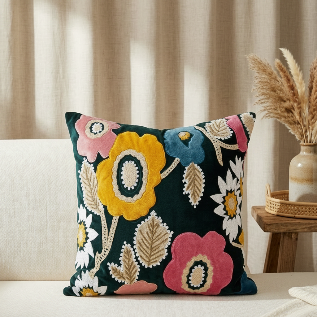 Green Applique Velvet Cushion Cover with Embroidery - 16x16 inches