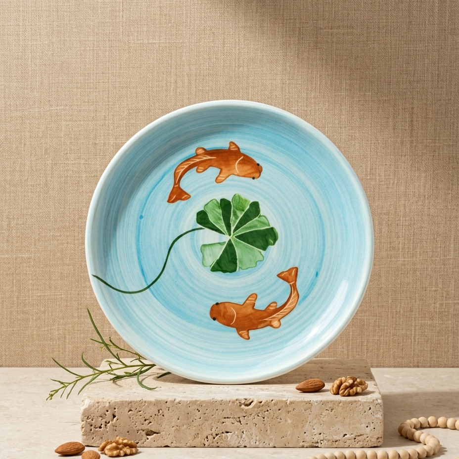 A round ceramic plate with a light blue background, decorated with two orange fish and a green four-leaf clover, displayed on a stone block with decorative props.