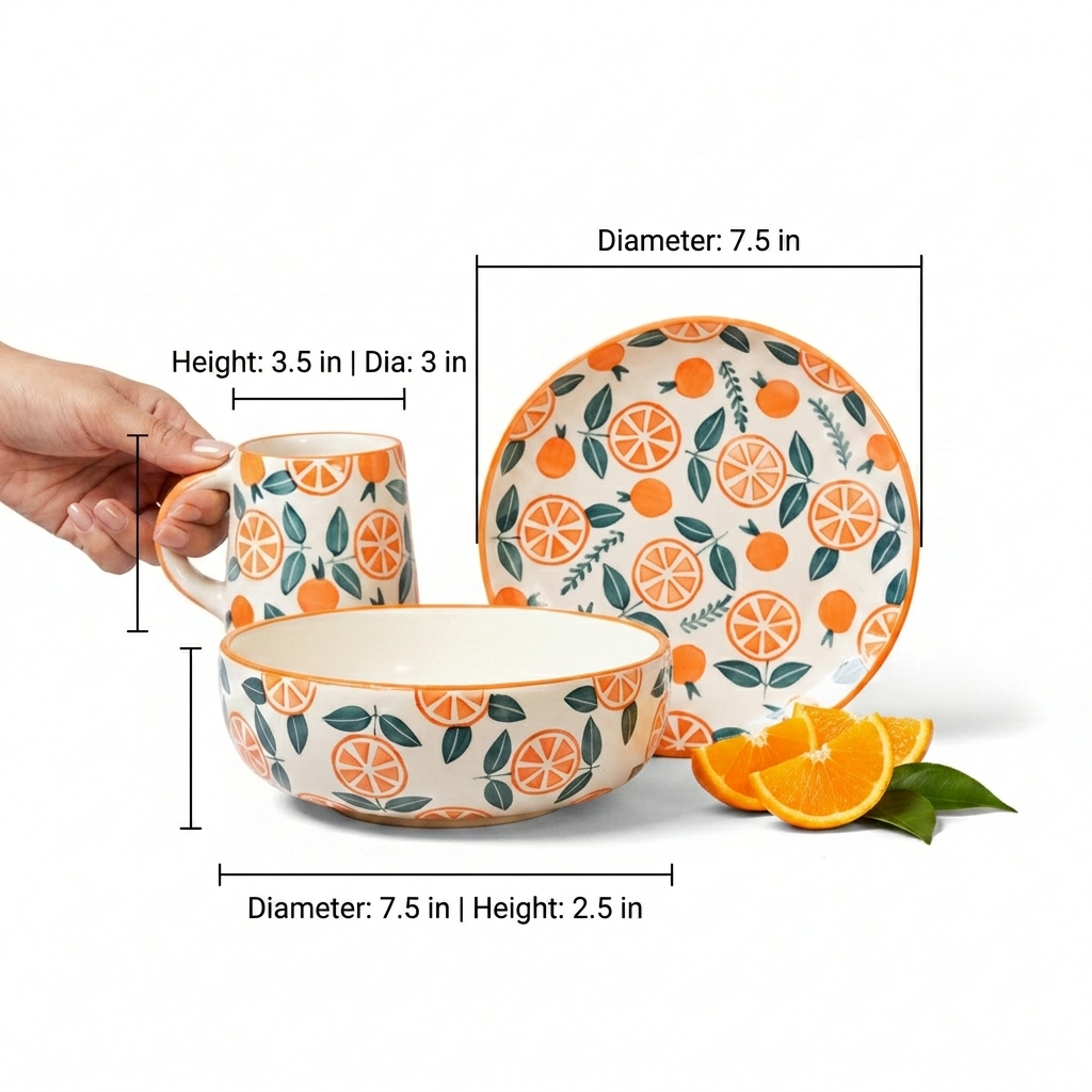 A ceramic dinnerware set with an orange and green citrus pattern, shown with a hand holding a mug, a plate, and a bowl with measurement callouts and orange slices on a white background.